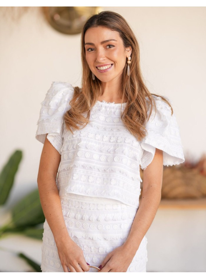 Two-piece white brocade fabric set with puffed...