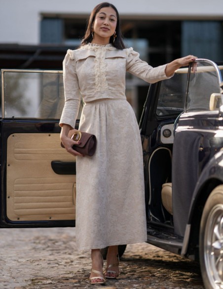 Two-piece set in jacquard fabric crop top and skirt