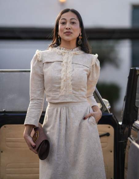 Two-piece set in jacquard fabric crop top and skirt