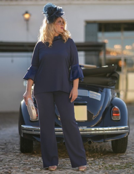 Navy blue two-piece set of straight pants and blouse with lacing
