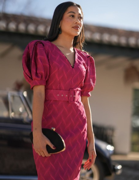 Fuchsia printed midi dress with maxi sleeves and belt