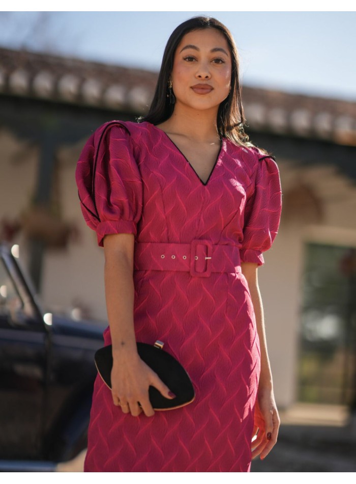 Fuchsia printed midi dress with maxi sleeves...