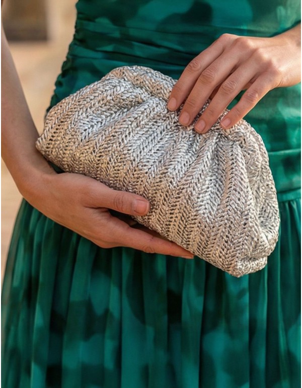 Sac en raphia argenté avec chaîne intérieure