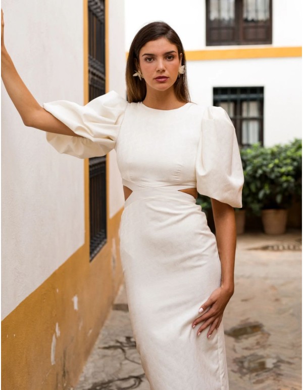 Midi dress with puffed sleeves and cut-outs