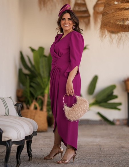 Wine colored midi dress with crepe fabric and French sleeves