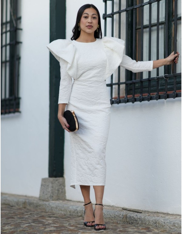 White midi dress in brocade fabric with ruffles at the...