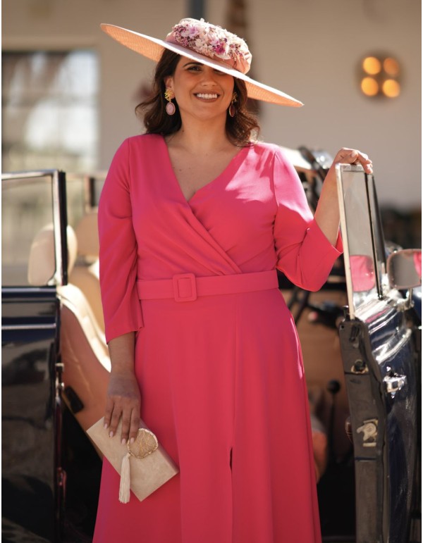 Robe midi rose en crêpe avec ceinture 2
