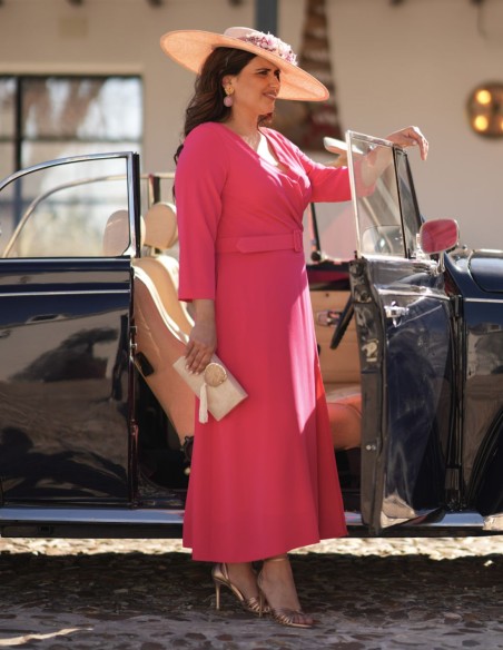 Pink midi dress in crepe fabric with a belt