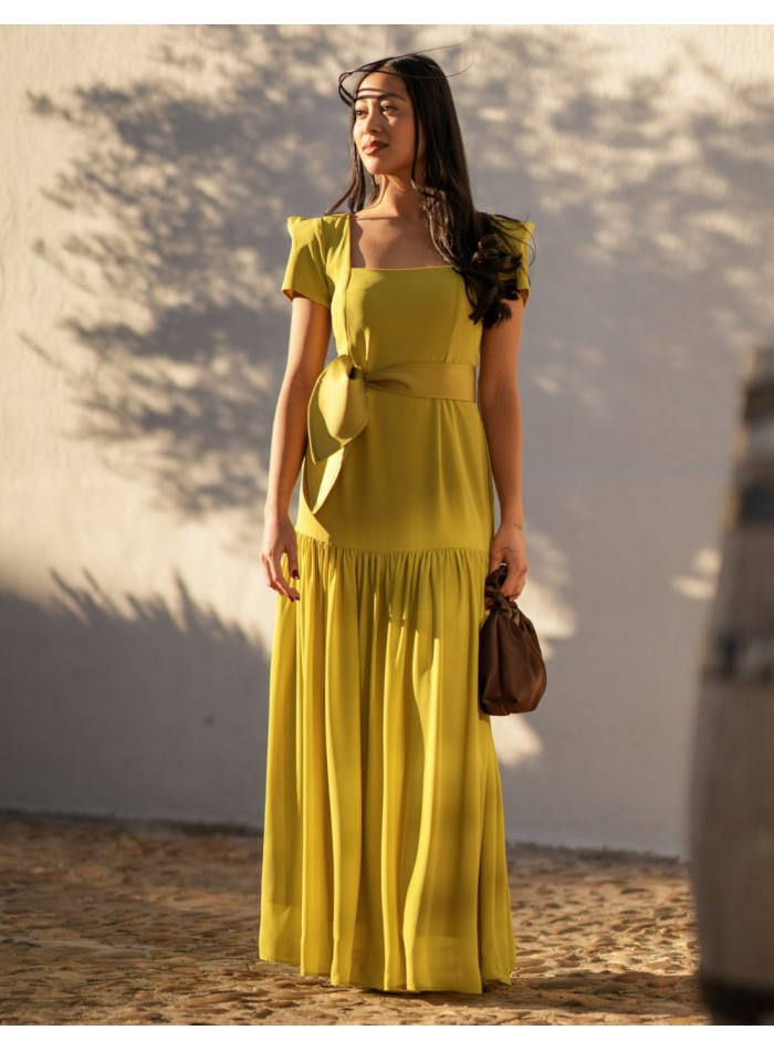 Pistachio long dress with short sleeves and...