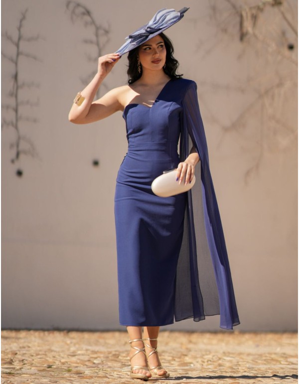 Midi dress in navy blue crepe fabric with asymmetric...