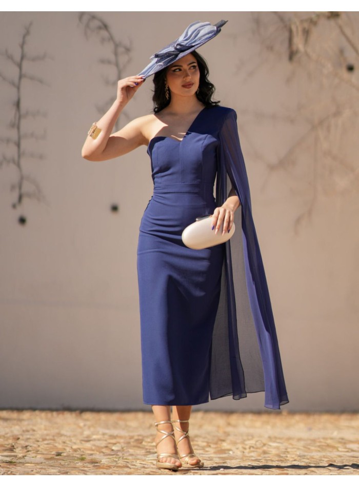 Midi dress in navy blue crepe fabric with...