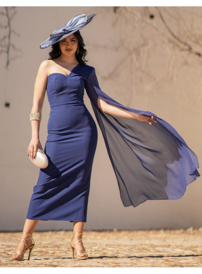 Midi dress in navy blue crepe fabric with...