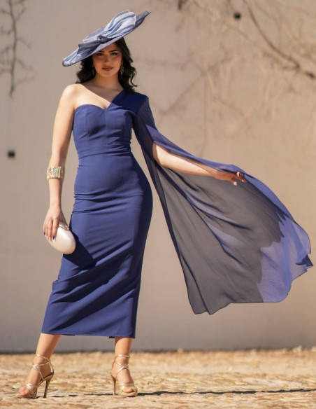 Midi dress in navy blue crepe fabric with asymmetric neckline