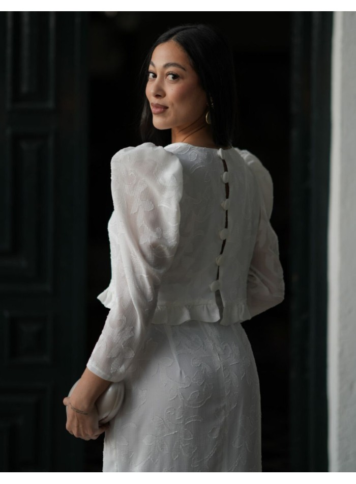 Two-piece white brocade chiffon top and skirt set