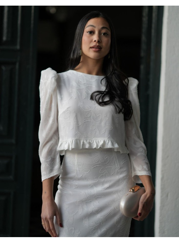 Two-piece white brocade chiffon top and skirt set