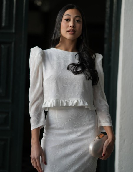 Two-piece white brocade chiffon top and skirt set