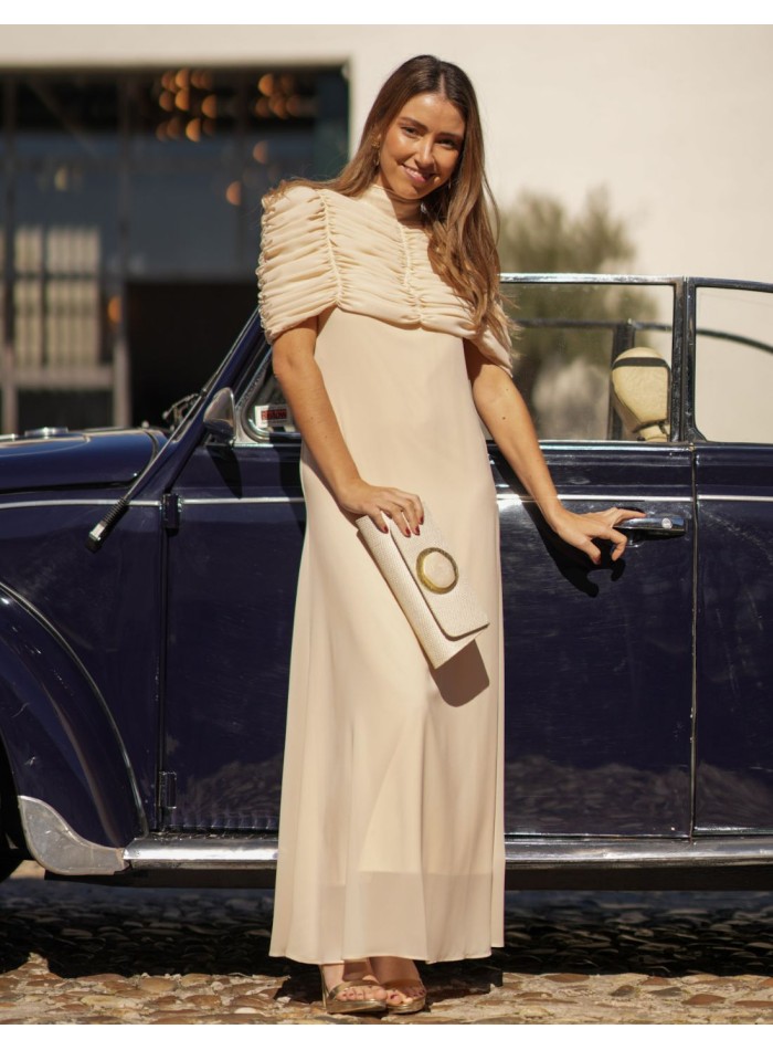 Vestido midi de cuello halter con capelina de gasa drapeada multiposición