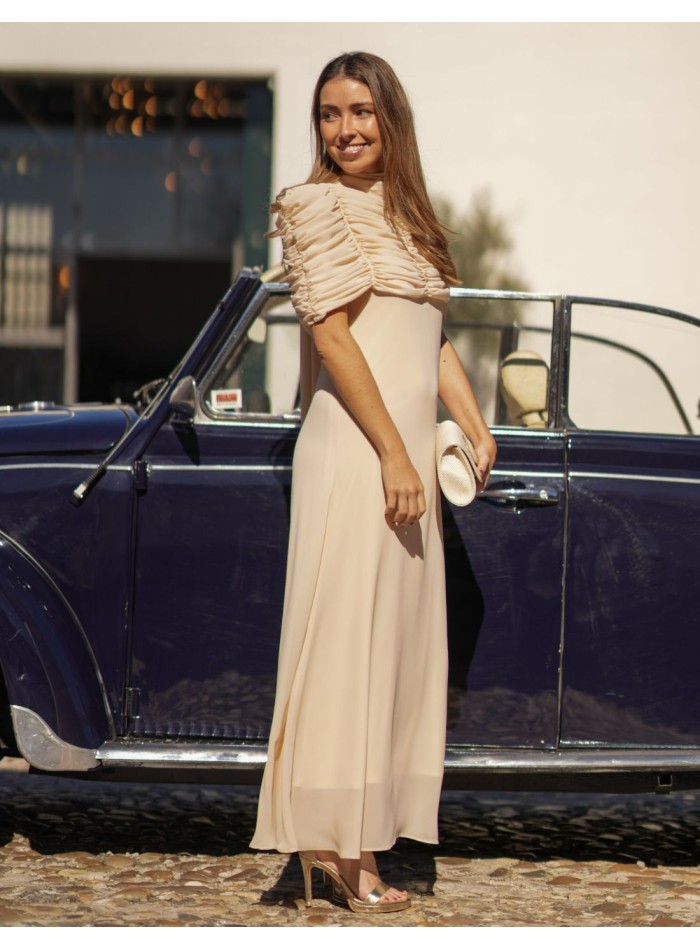 Vestido midi de cuello halter con capelina de gasa drapeada multiposición