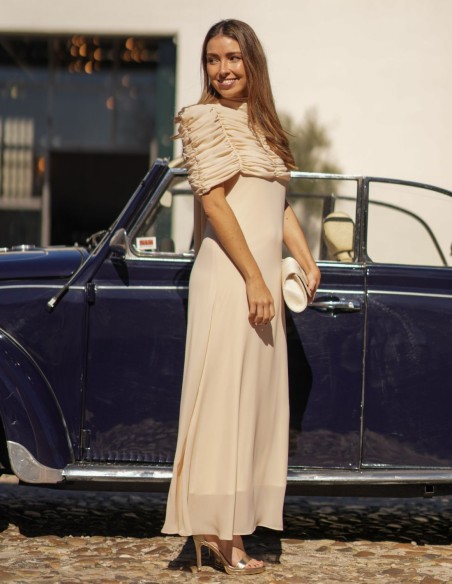 Halter neck midi dress with multi-position draped chiffon capelin