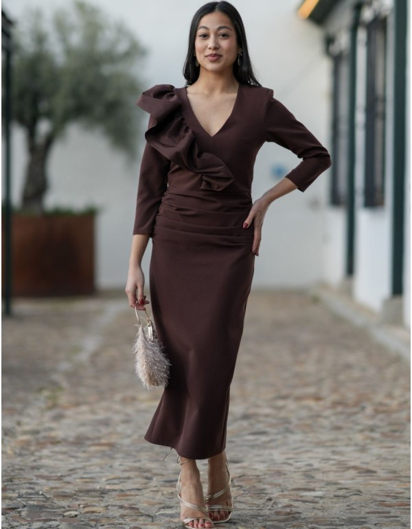 Brown midi dress in crepe fabric with ruffle and draping...