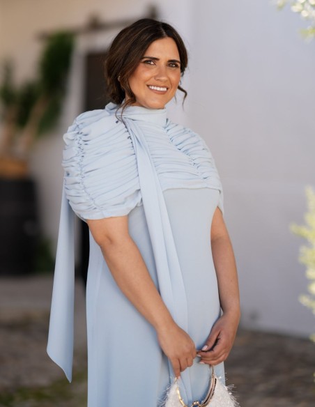 Chiffon flared midi dress with halter neckline and multiposition foulard