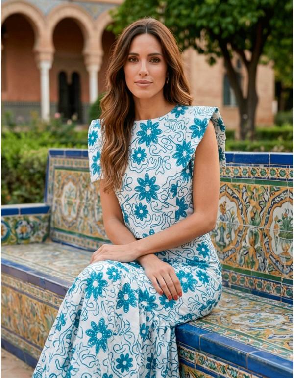Blue embroidered ensemble with structured top and mermaid midi skirt 2