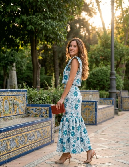 Ensemble brodé bleu avec top structuré et jupe midi sirène