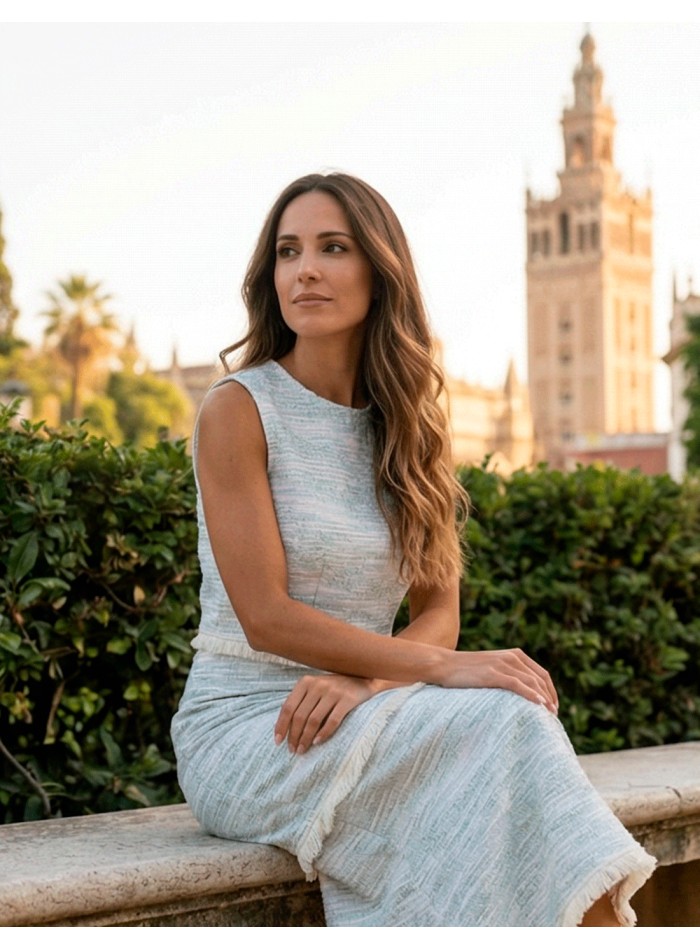 Light blue set with structured top and midi skirt