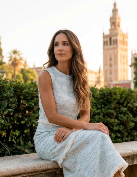 Light blue set with structured top and midi skirt