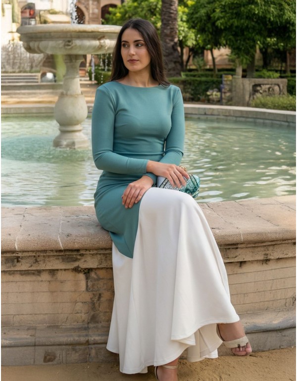 Bicolor beige and aqua green midi dress for guests 2