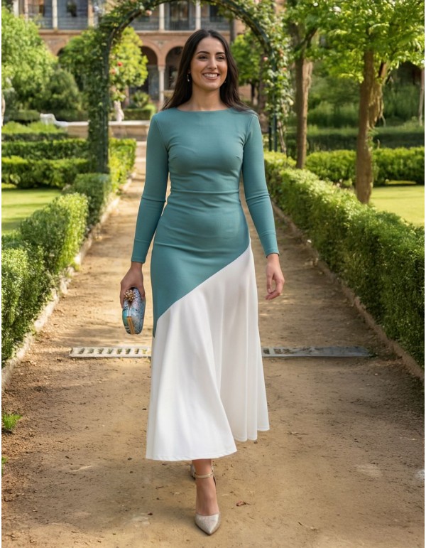 Robe midi bicolore beige et vert d'eau pour les invités