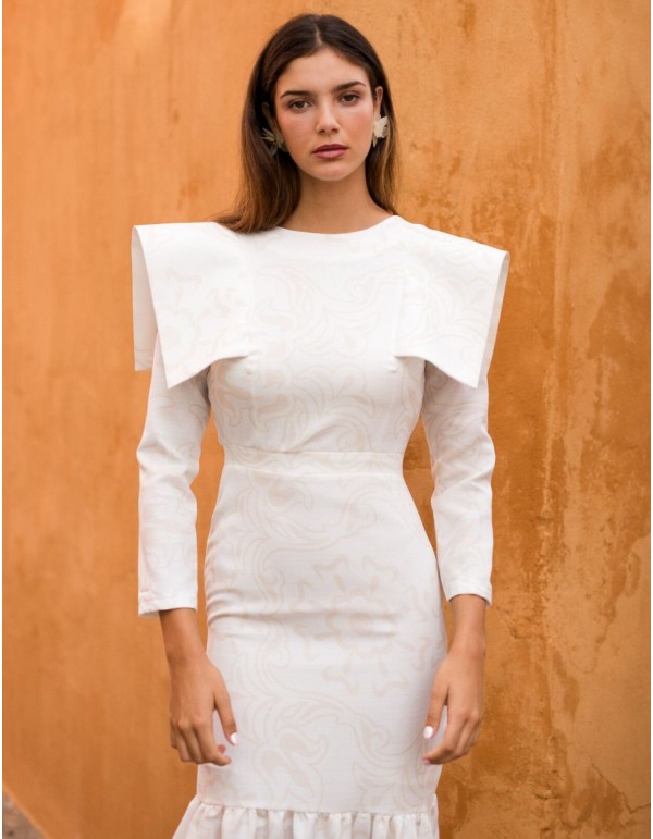 Straight cut white midi dress with ruffle at the hem 2