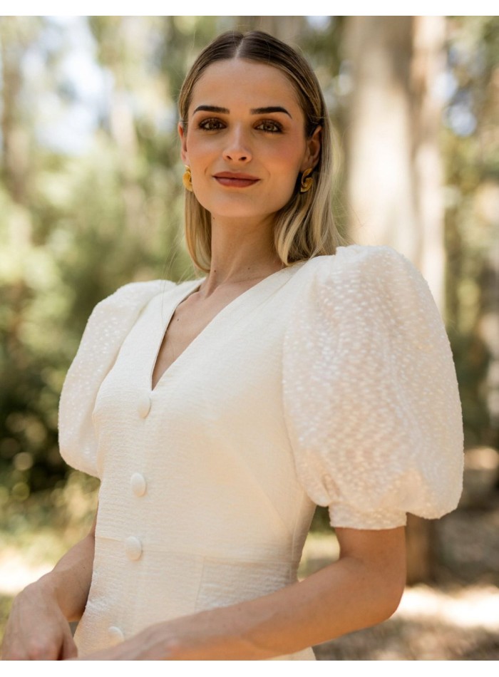 Robe midi en jacquard avec manches bouffantes...