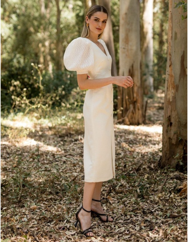 Robe midi en jacquard avec manches bouffantes en plumeti