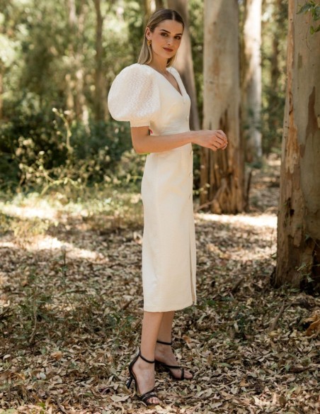 Midi dress in jacquard fabric with puffed plumeti sleeves