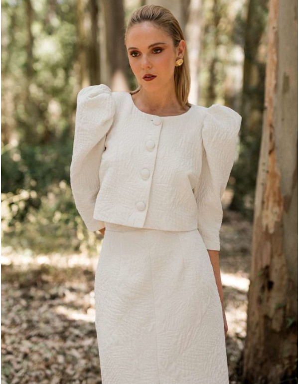 Two-piece set of skirt and jacket in ecru tweed fabric