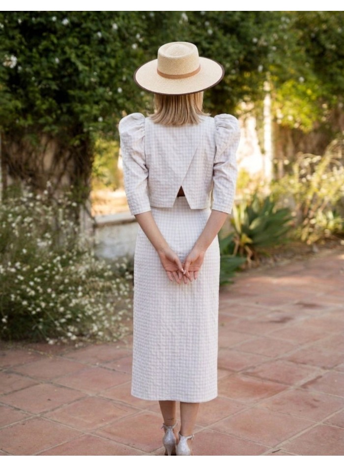 Two-piece white tweed set with puffed sleeves