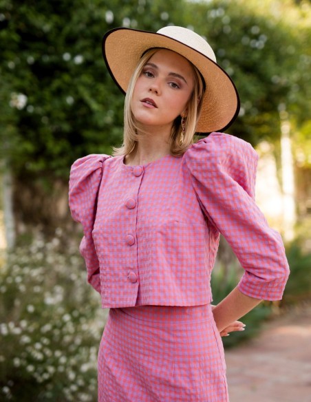 Pink vichy two-piece set with puffed sleeve jacket and midi skirt
