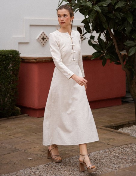 Tweed midi dress in beige with a floaty skirt and chest closures