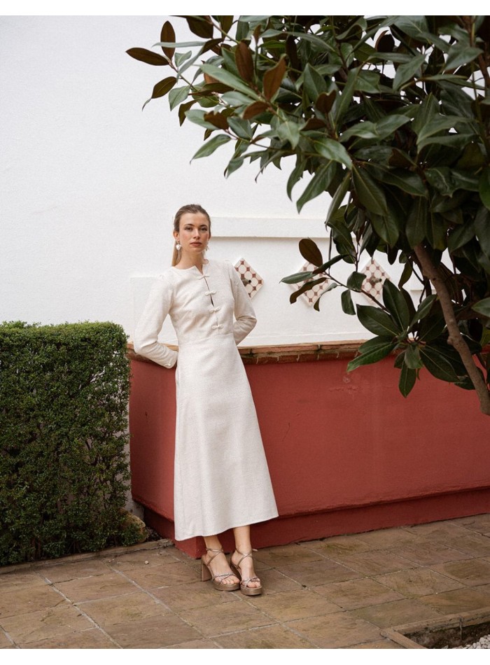 Tweed midi dress in beige with a floaty skirt...