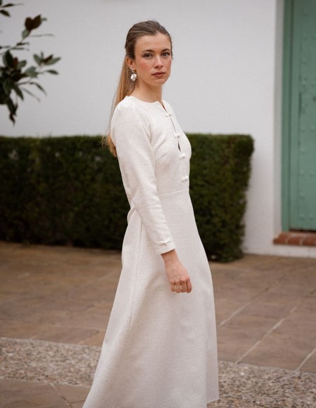 Tweed midi dress in beige with a floaty skirt and chest closures