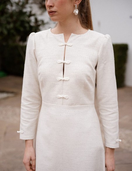 Tweed midi dress in beige with a floaty skirt and chest closures