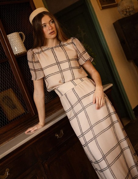 Top de gasa con estampado de cuadros y manga corta para invitada