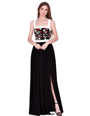 Long dress with black skirt and straight top with embroidered flowers nuribel - 1