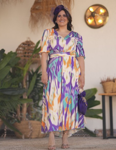 Fluid printed midi guest dress with printed fabric