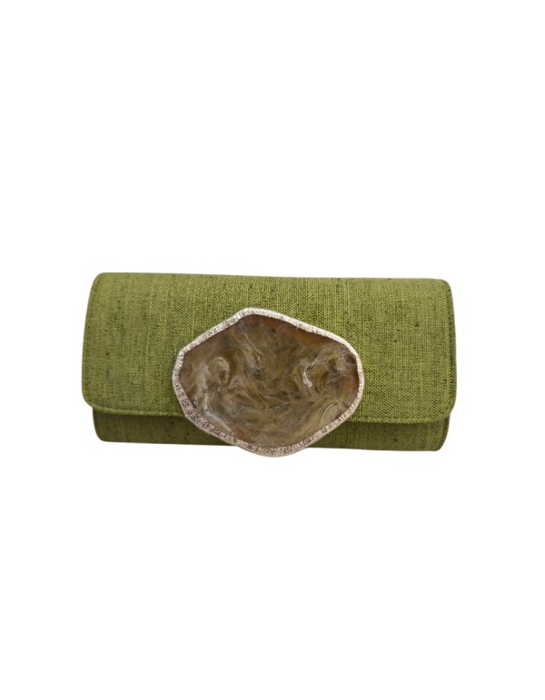 Olive color jute handbag with brooch detail