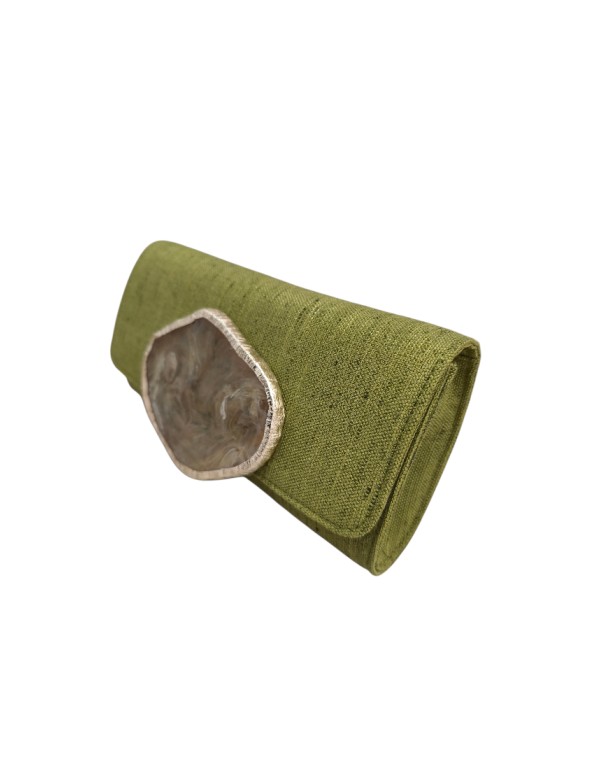 Olive color jute handbag with brooch detail 2