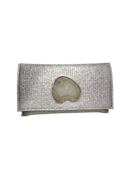 Gray jute wallet with brooch detail