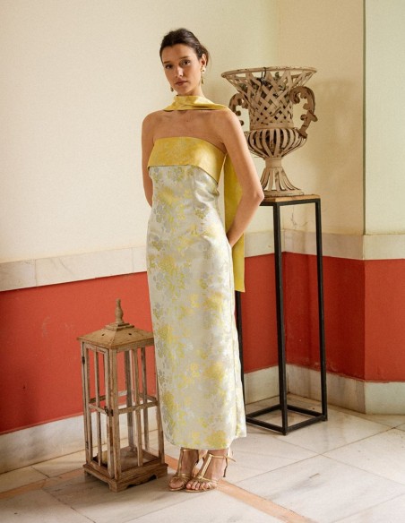 Vestido midi con estampado oriental y palabra de honor