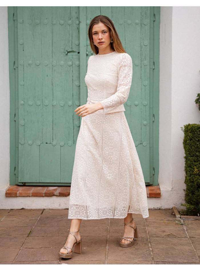 Vestido midi de encaje con falsos bolsillos color blanco